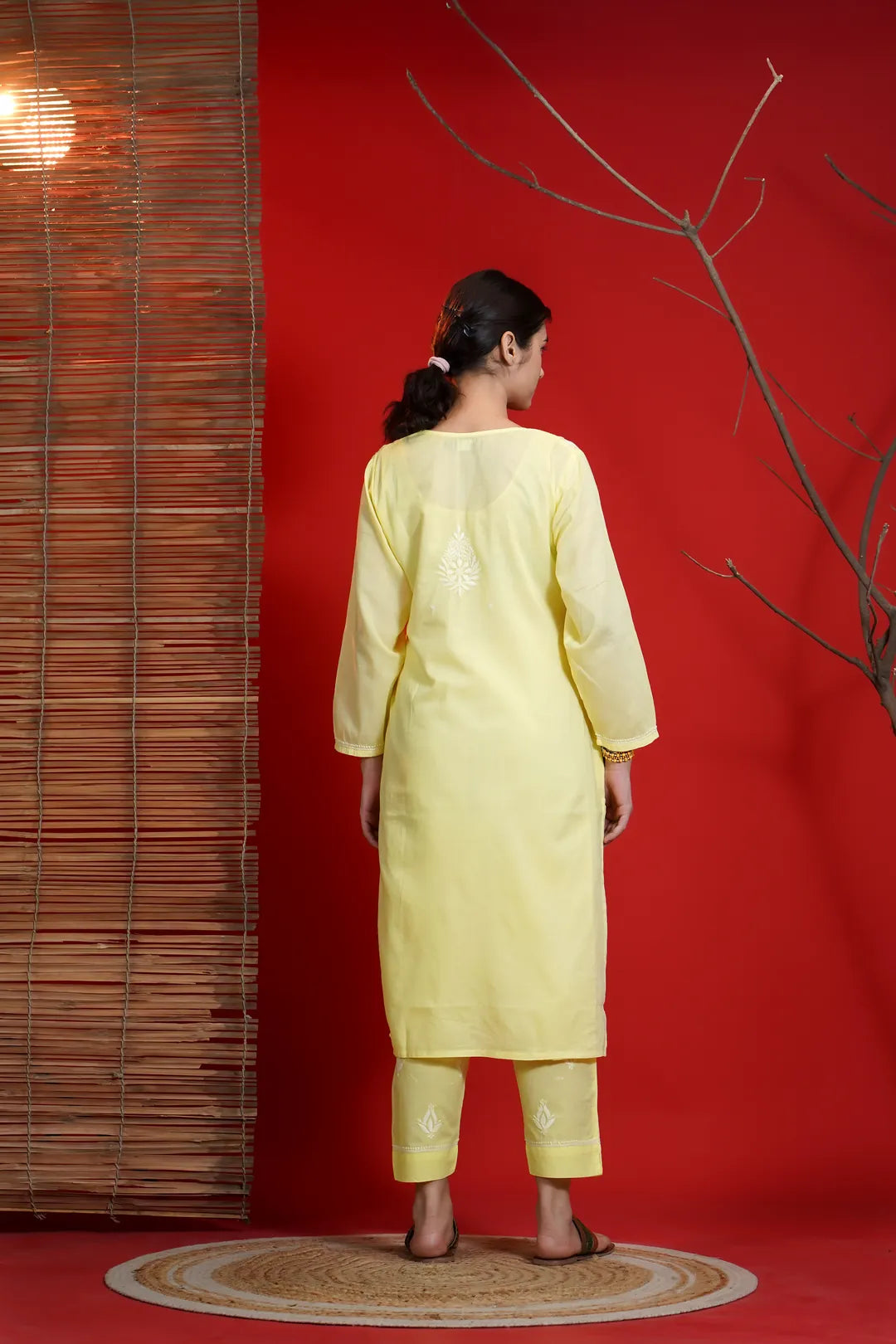 Yellow Chikankari A-Line Kurta Pant Set - view 1