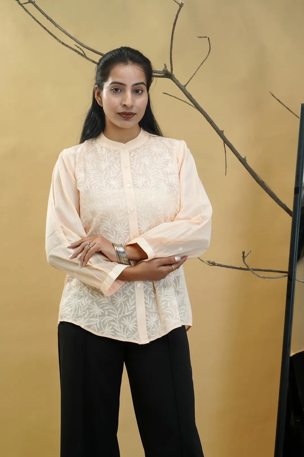 Peach Lucknowi Chikankari Band Collar Shirt - view 1