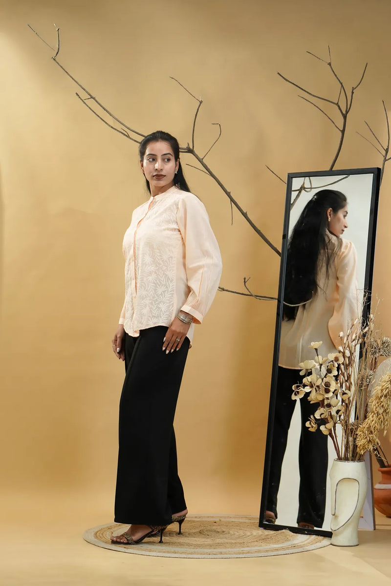 Peach Lucknowi Chikankari Band Collar Shirt