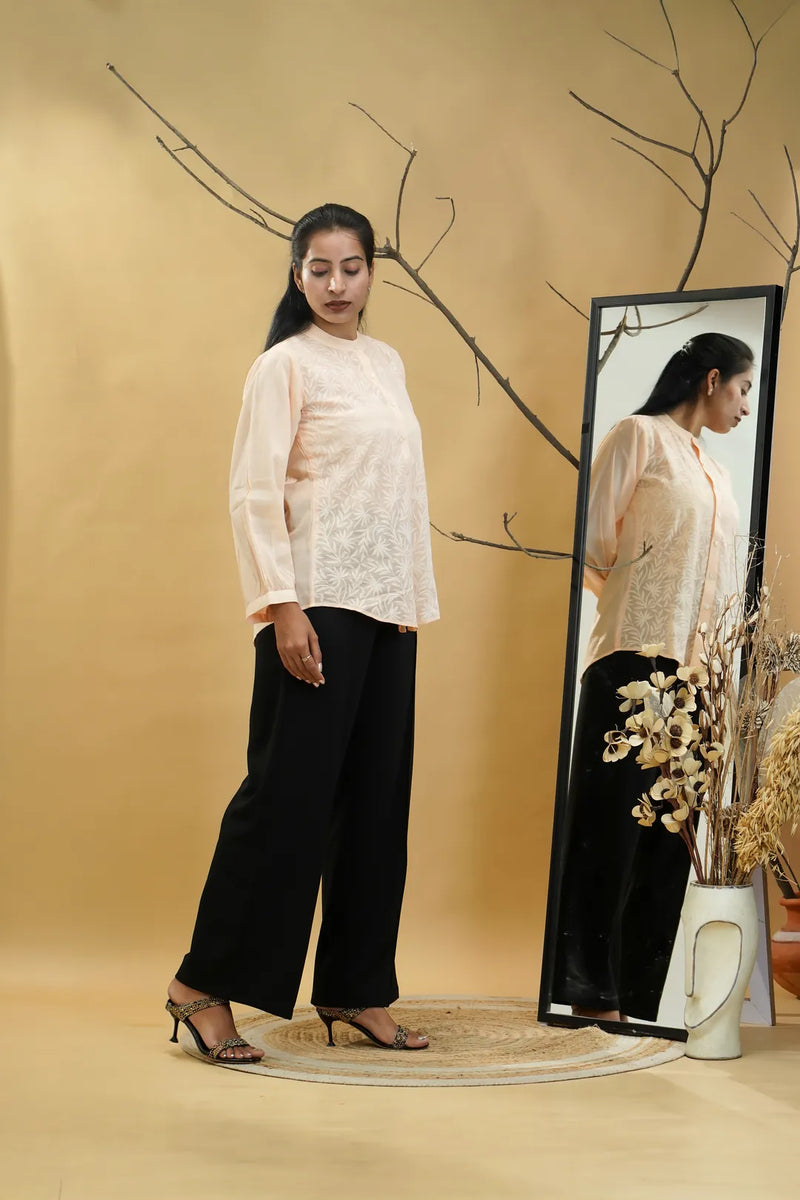 Peach Lucknowi Chikankari Band Collar Shirt