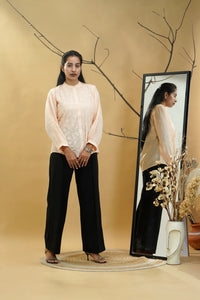 Peach Lucknowi Chikankari Band Collar Shirt