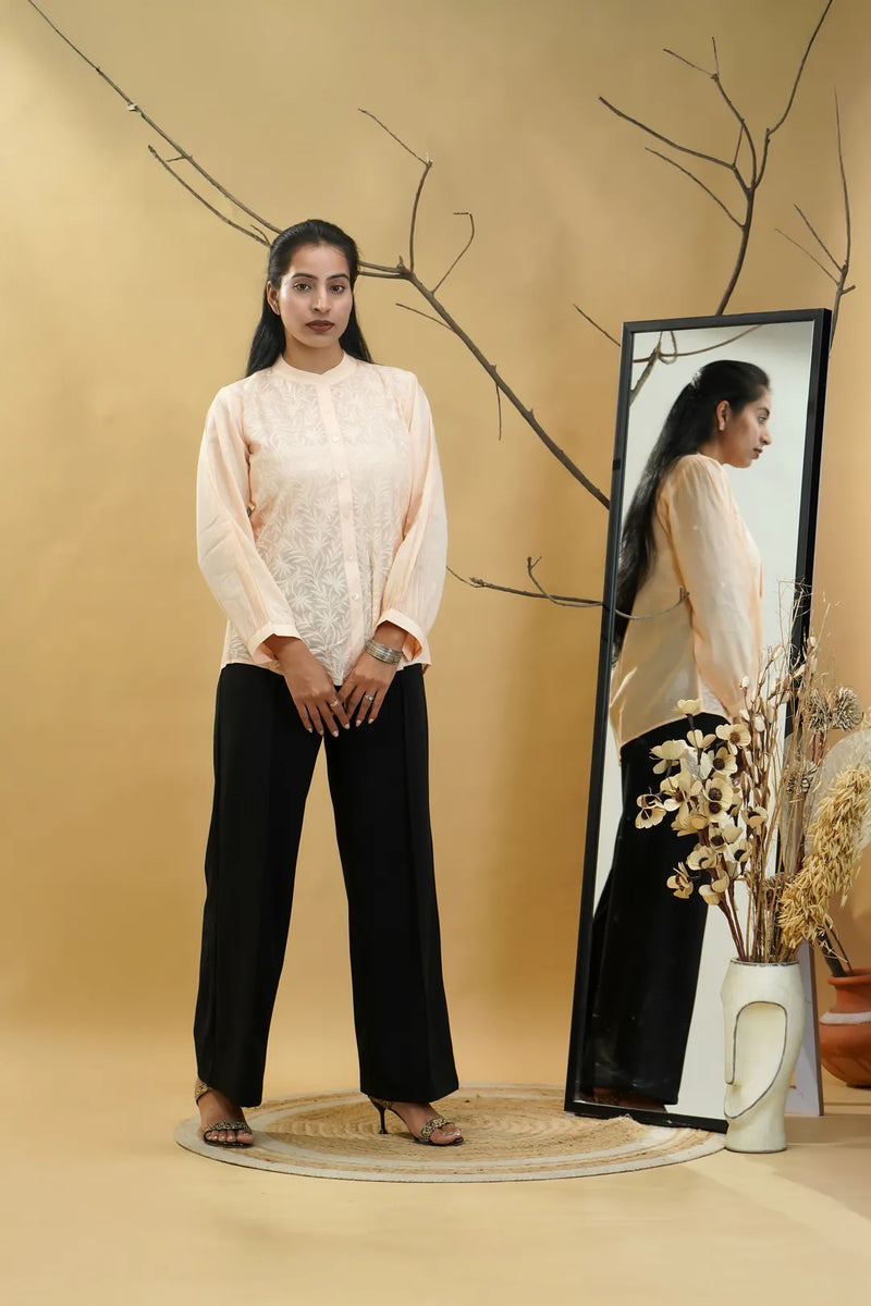 Peach Lucknowi Chikankari Band Collar Shirt