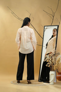 Peach Lucknowi Chikankari Band Collar Shirt