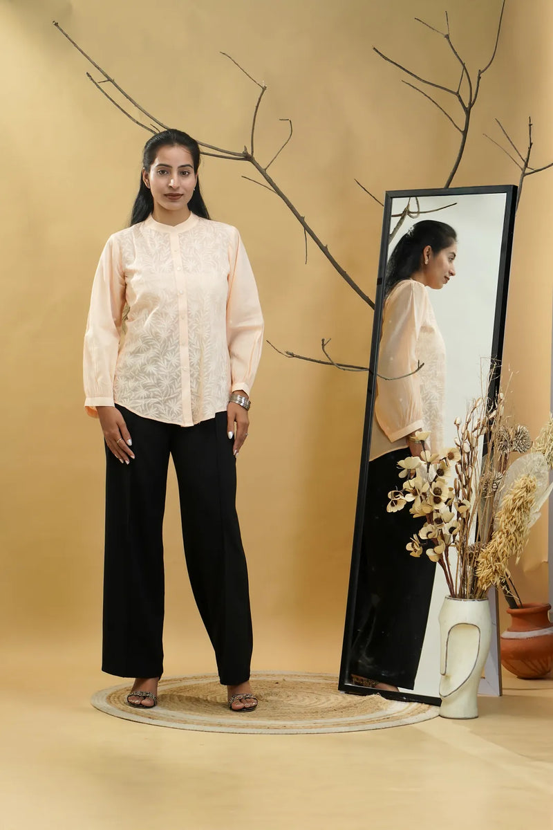 Peach Lucknowi Chikankari Band Collar Shirt