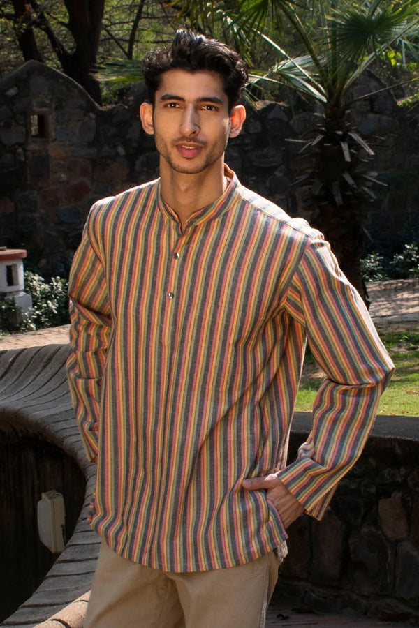 Striped mens shurta in handwoven cotton, full-sleeve collared shirt shown front view