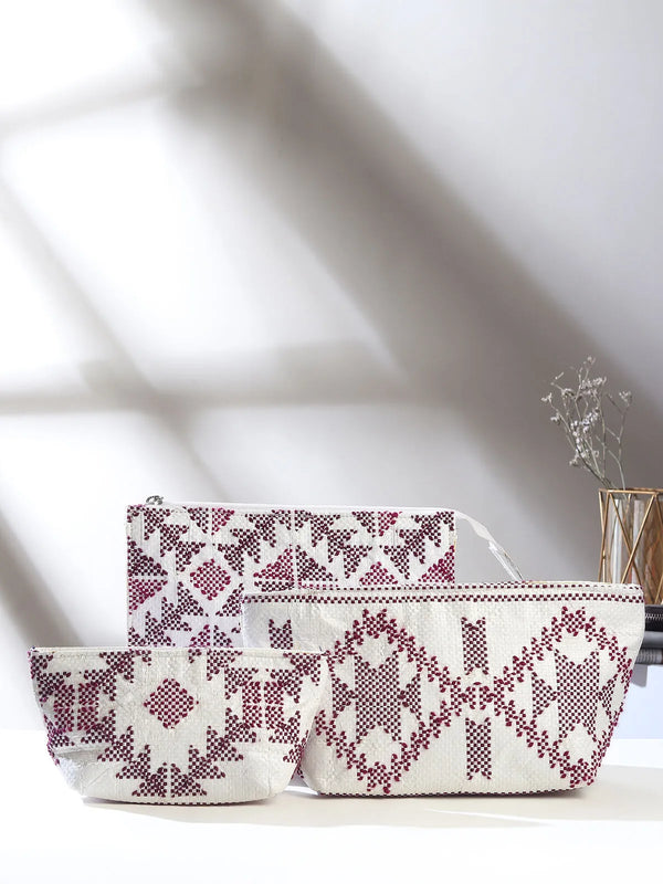 Set of two white Bengal taat handloom woven pouches with zip closure