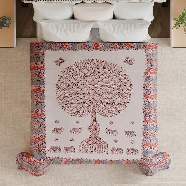 Tree of Life applique bed cover with birds and elephants cut and stitched on cotton base