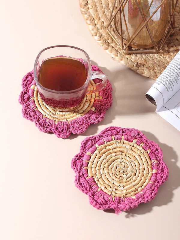 Wheat grass coasters, handwoven coiled natural grass drink mats with a warm earthy tone