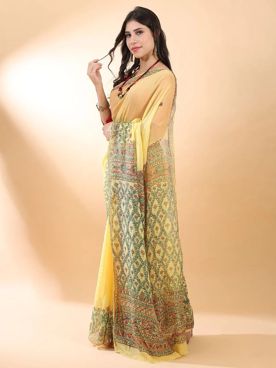 Yellow Madhubani Chiffon Saree