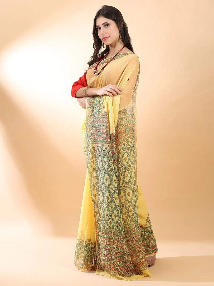 Yellow Madhubani Chiffon Saree