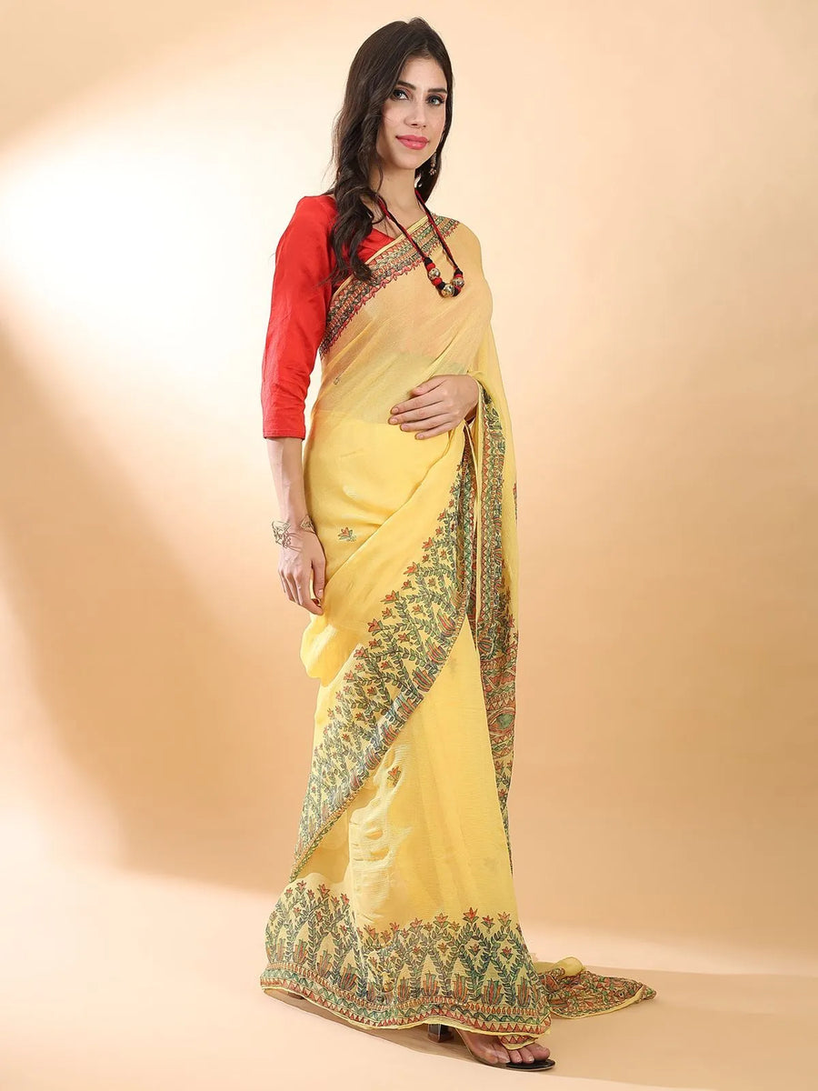 Yellow Madhubani Chiffon Saree