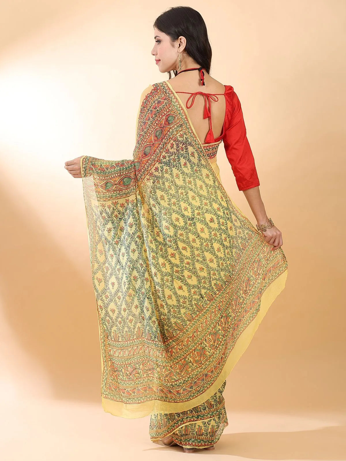 Yellow Madhubani Chiffon Saree