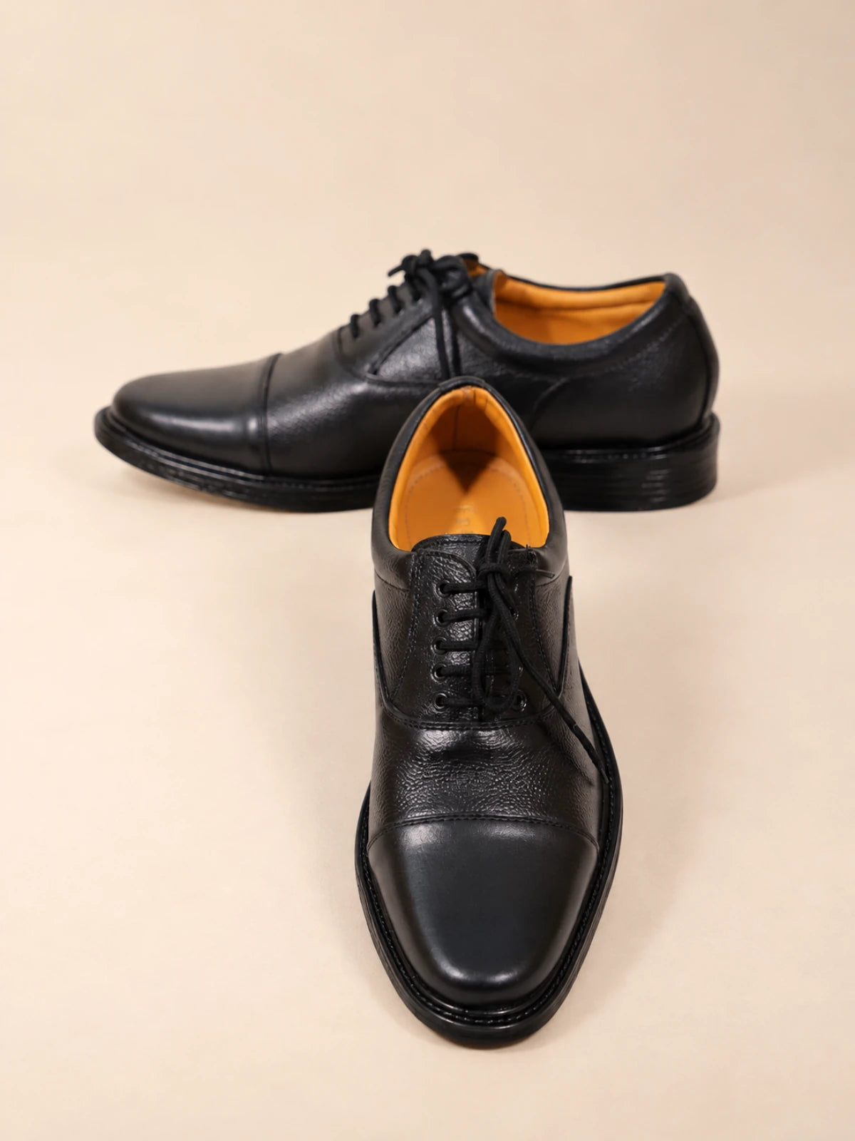 Black Leather Cap Toe Derby Shoes
