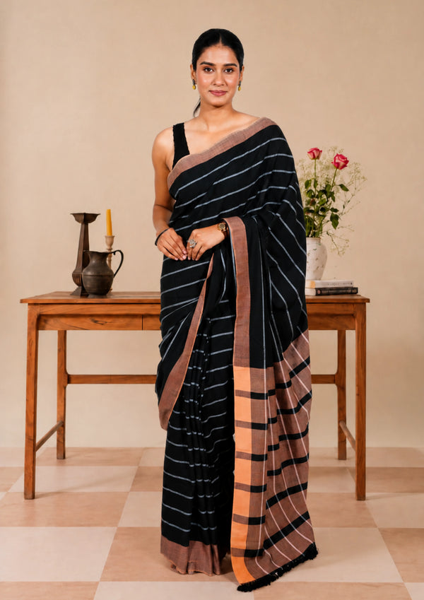 Charcoal Pinstripe Handwoven Cotton Saree