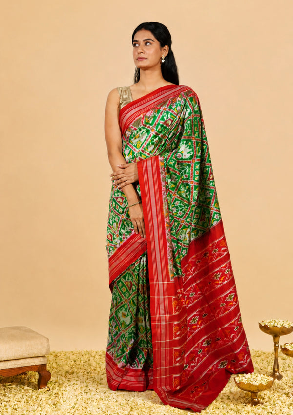 Heritage Green Pochampally ikat saree with an emerald geometric field and a bold vermilion red border
