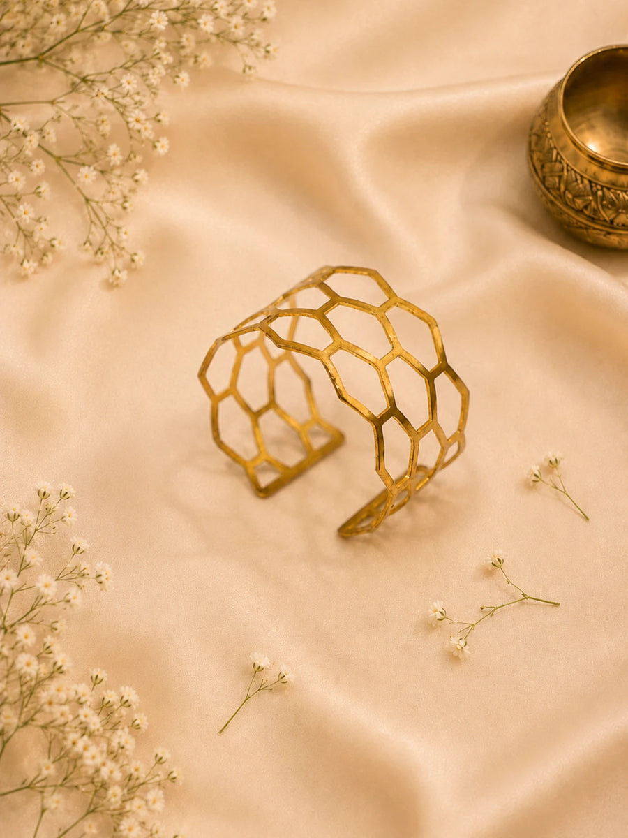 Honeycomb brass cuff, open hexagonal lattice in gold tone, wide but light, handmade from solid unplated brass, open back