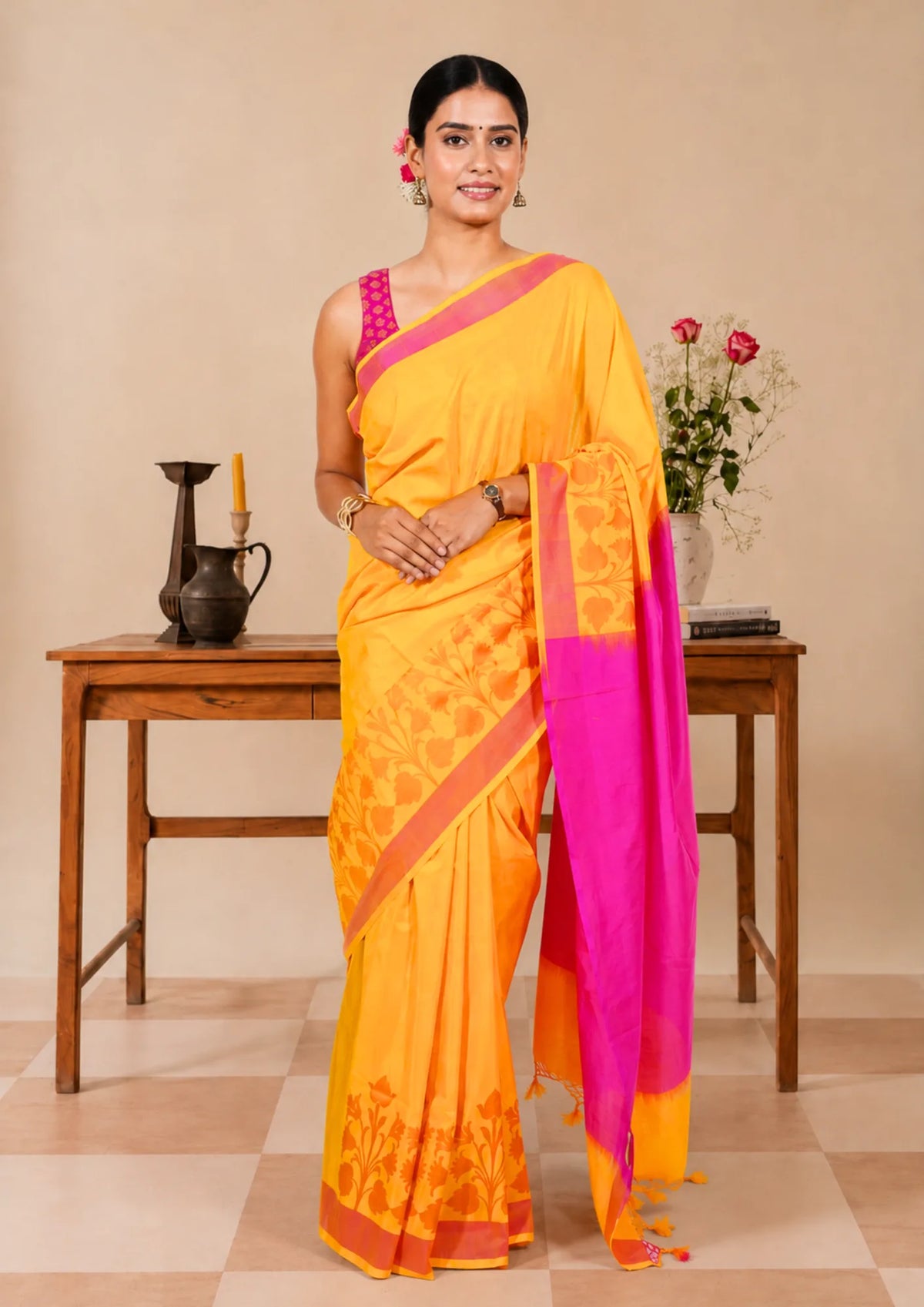 Marigold Fuchsia Banarasi Silk Saree