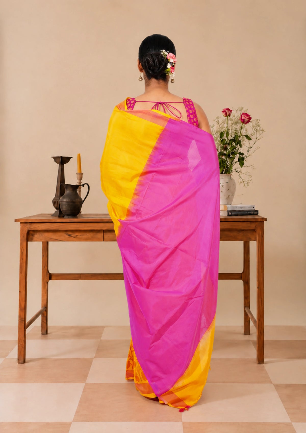 Marigold Fuchsia Banarasi Silk Saree