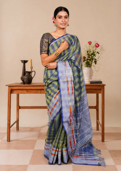 Olive Blue Maheswari Silk Saree