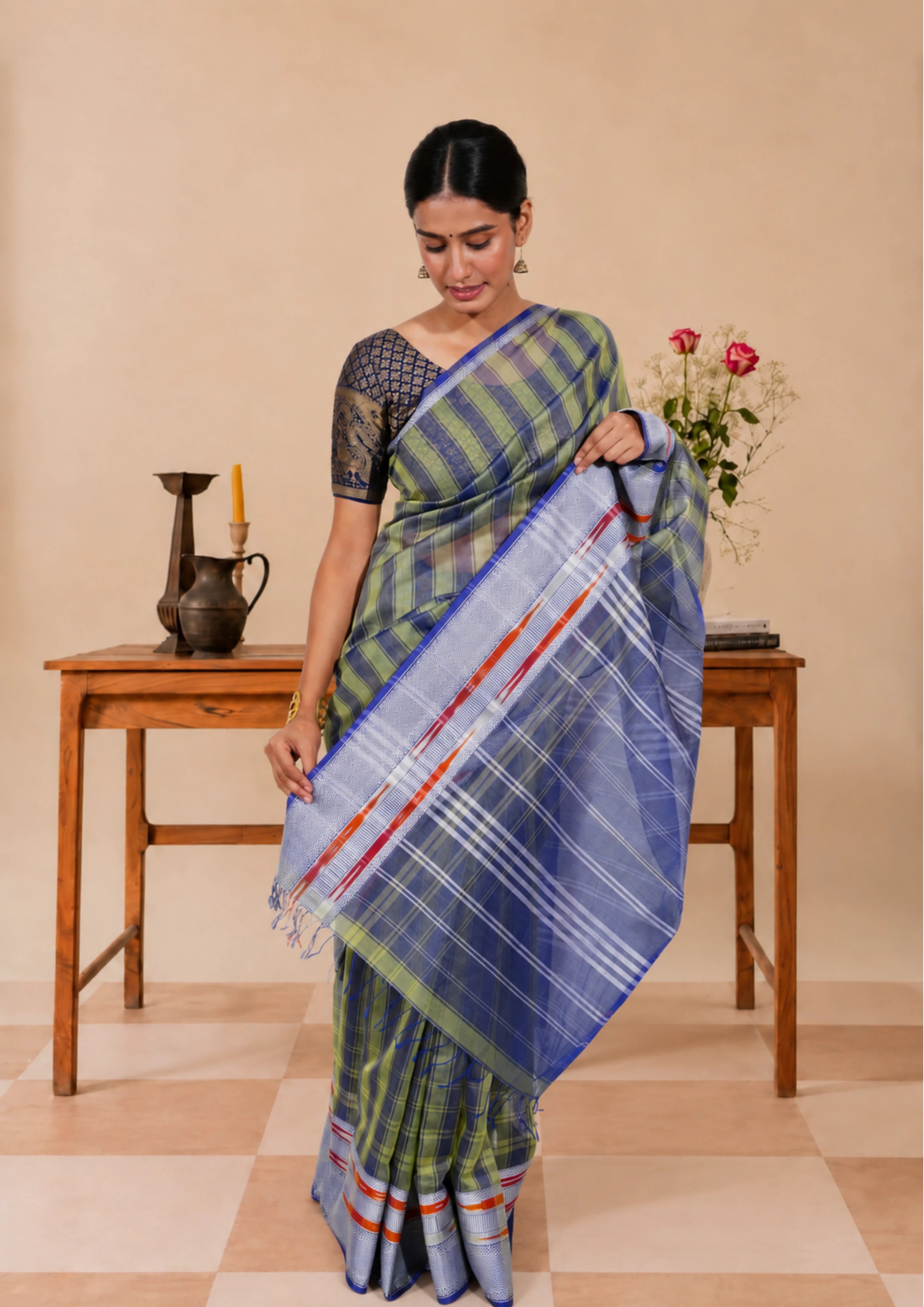 Olive Blue Maheswari Silk Saree
