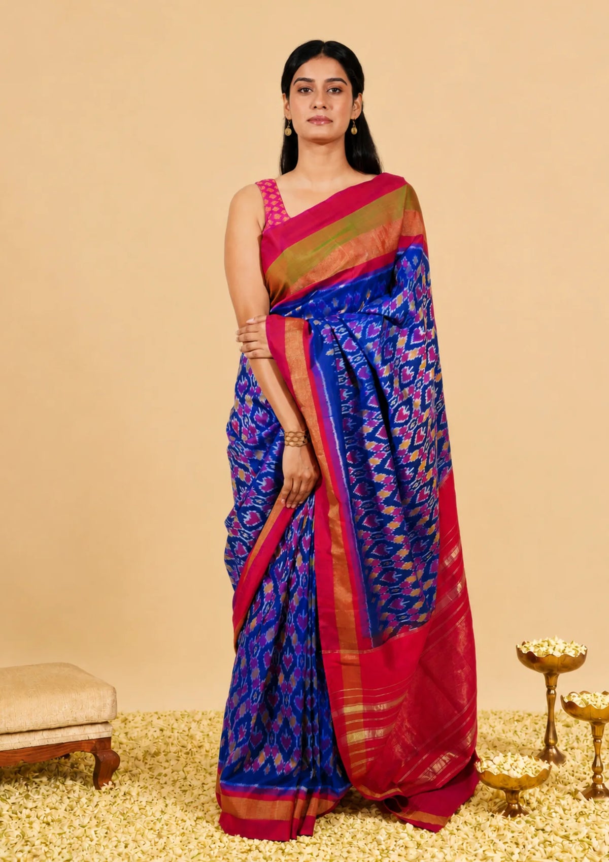 Royal Blue Ikkat & Pink Pochampally Heritage Saree