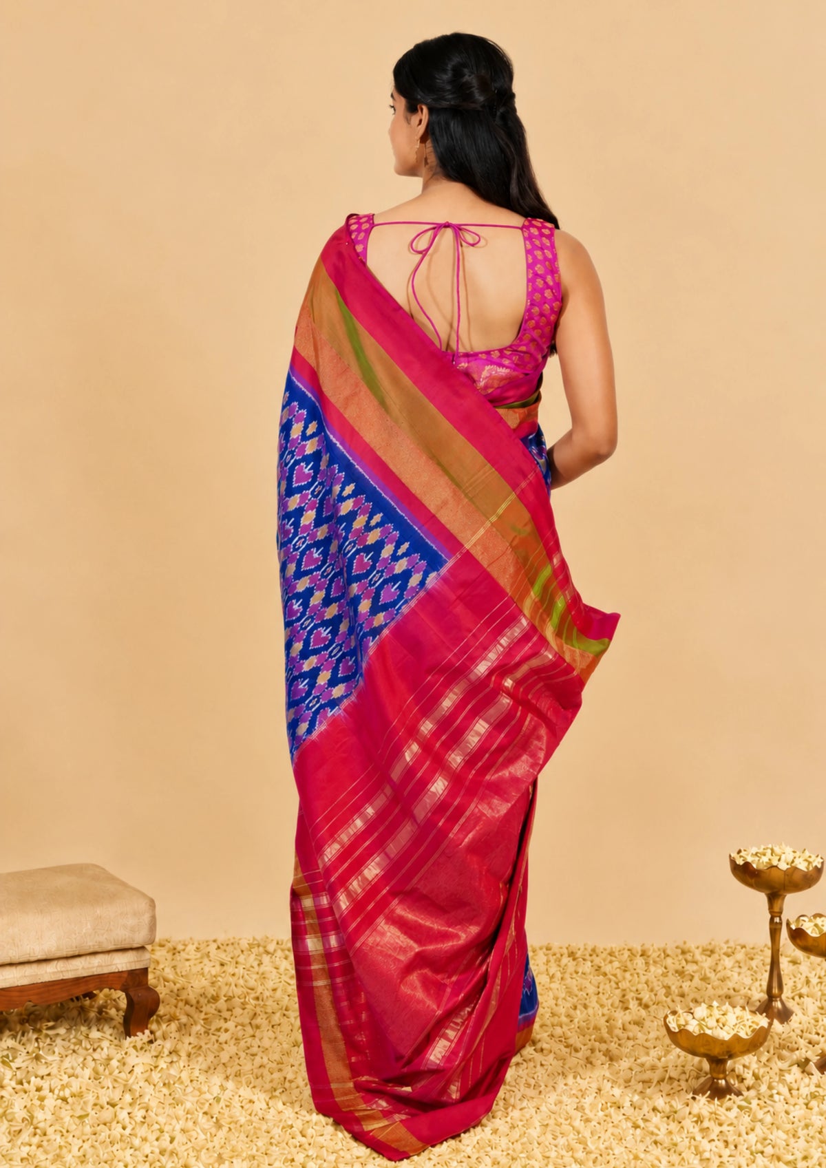 Royal Blue Ikkat & Pink Pochampally Heritage Saree