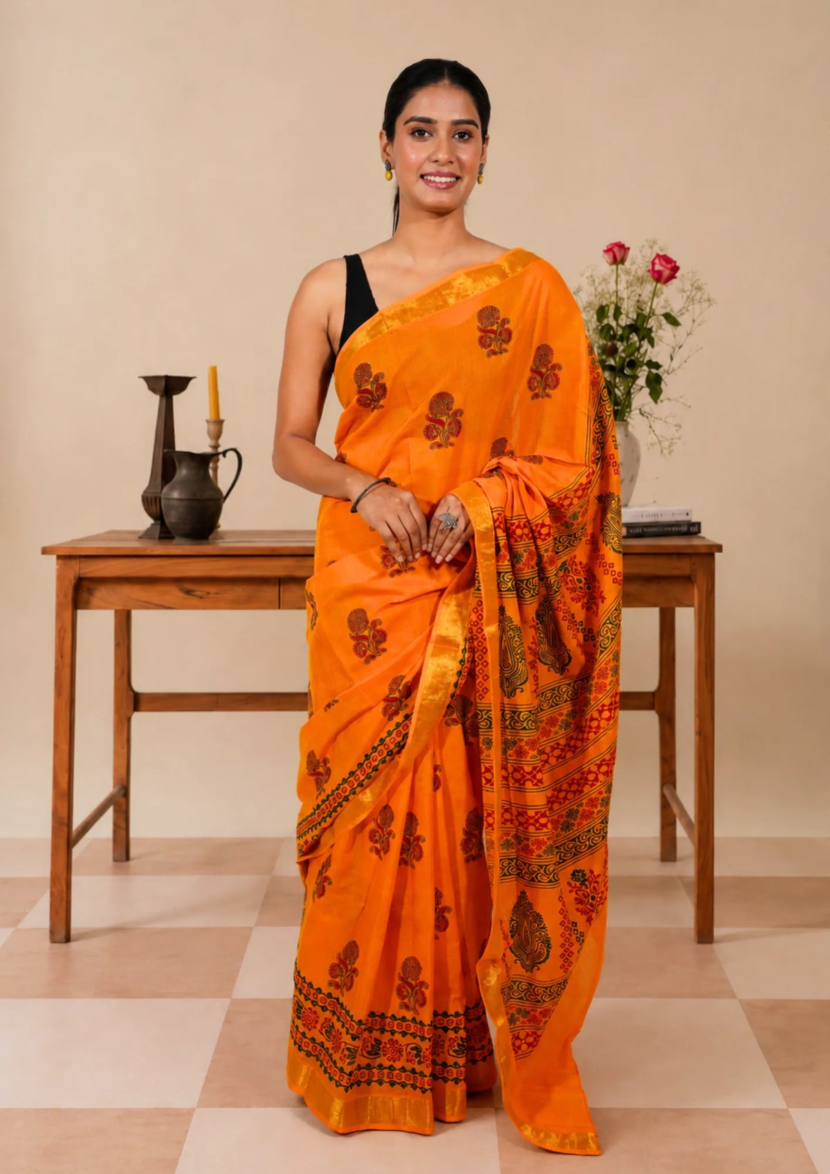 Saffron Block Print Saree