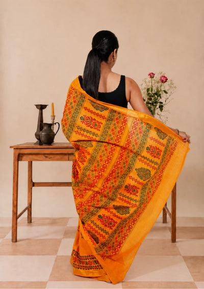 Saffron Block Print Saree