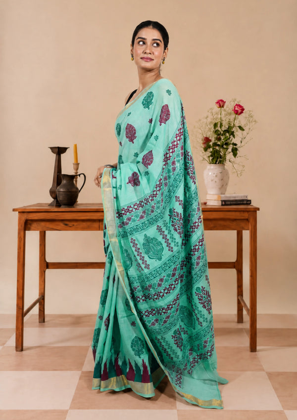 Seafoam Block Print Saree