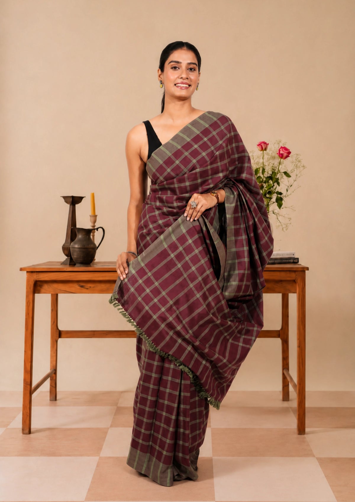 Wine Check Handwoven Cotton Saree