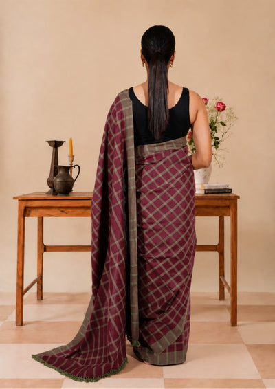 Wine Check Handwoven Cotton Saree