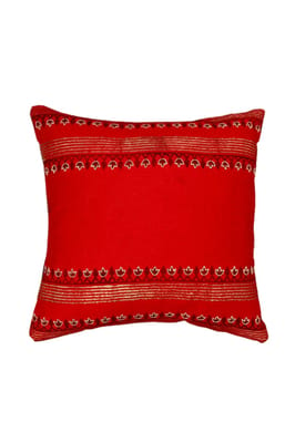 Block Printing Red Hand Embroidered Cushion Cover