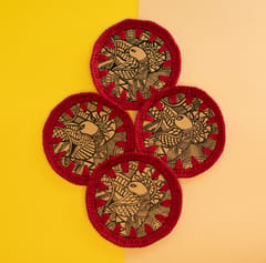 Handmade Crochet And Madhubani Coaster - Peacock (Pack Of 4)