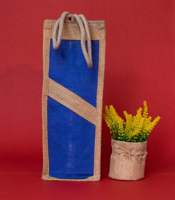 Blue & Beige Jute Water Bottle Bag