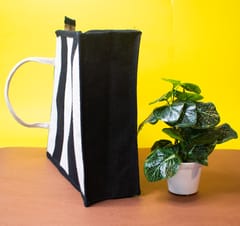 Black & White Striped Jute Carry Bag