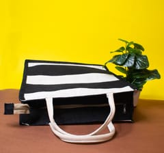 Black & White Striped Jute Carry Bag