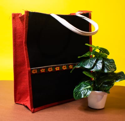 Printed Black & Red Jute Carry Bag