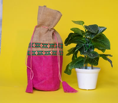 Green & Pink Designer Jute Potli Bag