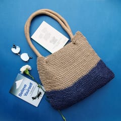 Blue & Beige Jute Tote Bag