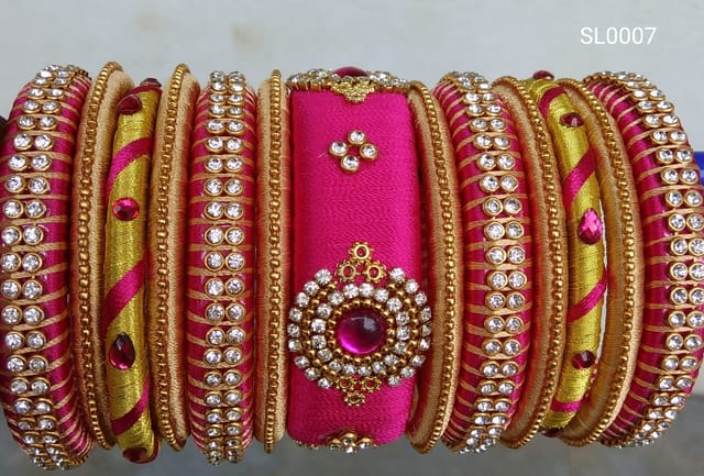 Pink and Golden Silk Thread Bangles - SL0007