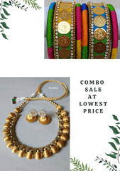 Multi Colour Silk Thread Bangles With Lakshmi Kasu & Silk Thread Necklace With Earrings Combo 1