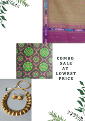 Cotton Saree Ikkat Pallu And Border With Kalamkari 1 Meter Blouse & Silk Thread Necklace With Earrings Combo 2