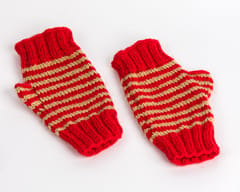 Fingerless Striped Woollen Mittens or Gloves / Red