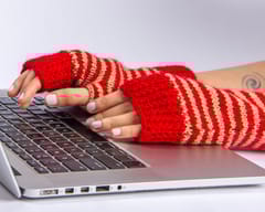 Fingerless Striped Woollen Mittens or Gloves / Red
