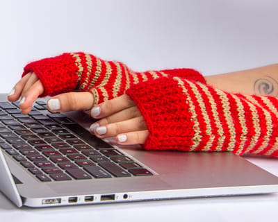 Fingerless Striped Woollen Mittens or Gloves / Red