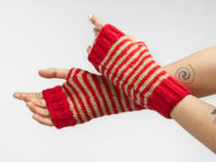 Fingerless Striped Woollen Mittens or Gloves / Red