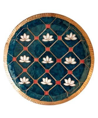 Copper Enamel Wall Plate | Green Lotus In A Jaali