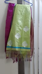 Handloom Satin Border Kadwa With Reshmi Silver Zari Buta Parrot color Duptta. Silk/Silk -DUP-014