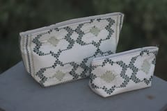 White Taat Wool Hand Pouch | Set of 2 Pouch(Green &White)