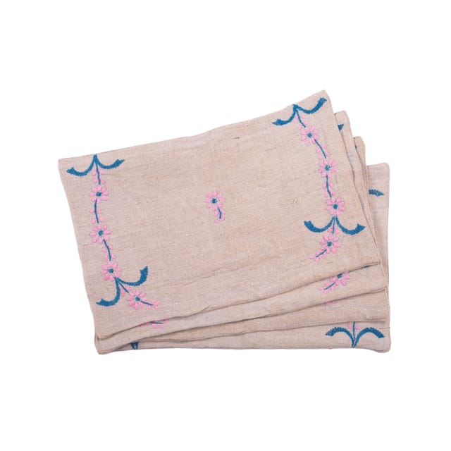 Set Of 4 Table Placemat And Set Of Coasters with Blue-Pink Chikankari embroidery